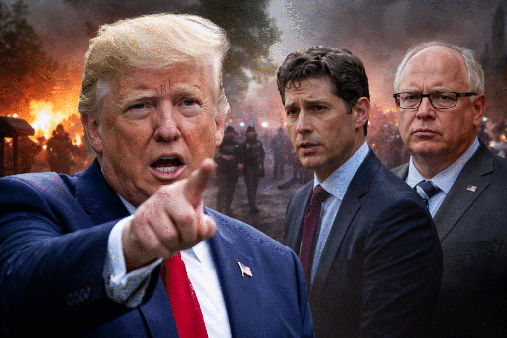 President Donald Trump gestures while speaking as Minneapolis Mayor Jacob Frey and Minnesota Governor Tim Walz appear in the background amid police presence and unrest following immigration enforcement tensions.