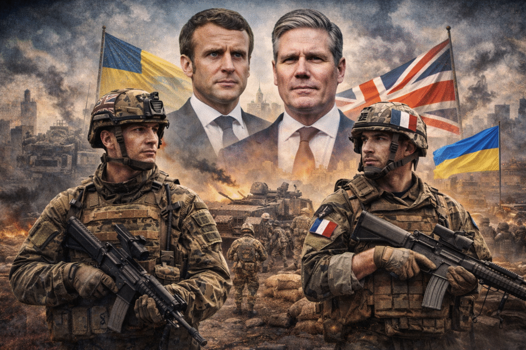 British and French soldiers in combat gear stand in the foreground as damaged buildings and Ukrainian flags appear behind them, with French President Emmanuel Macron and UK Prime Minister Keir Starmer shown above amid a war-torn cityscape.