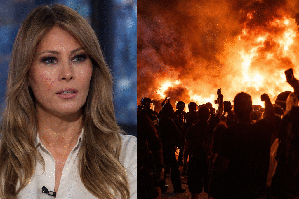 Split-image showing First Lady Melania Trump speaking in a television studio on one side and a Minneapolis protest scene on the other, with flames, smoke, and silhouetted protesters facing police during nighttime unrest.