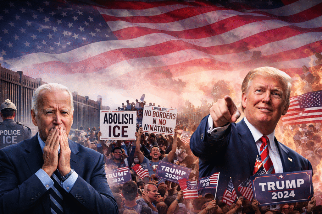 Composite image showing President Joe Biden appearing concerned near a border wall and uniformed officer on one side, and former President Donald Trump pointing toward a crowd of supporters waving American flags on the other, with large protest crowds and a U.S. flag backdrop symbolizing political division over immigration enforcement.