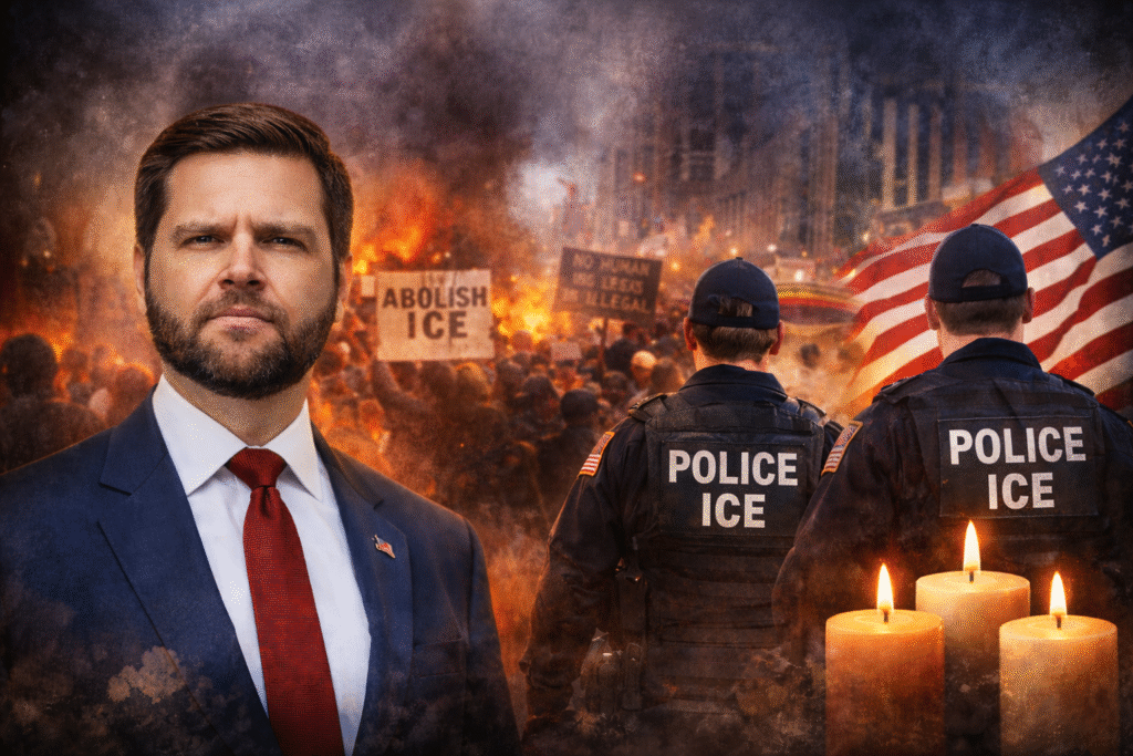 Composite image showing JD Vance standing in the foreground in a dark suit, with ICE agents viewed from behind facing a large protest scene in an urban setting, featuring smoke, fire, crowd unrest, American flags, and a tense law enforcement presence symbolizing immigration enforcement and public disorder.