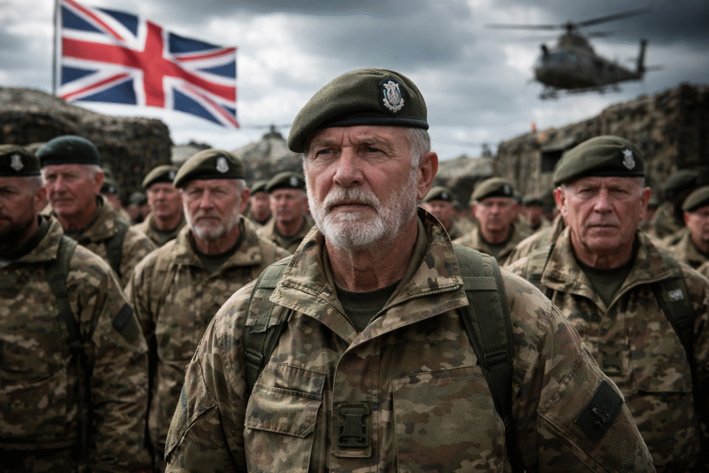 Older British military reservists in camouflage uniforms stand in formation during training, with a Union Jack flag and military helicopter visible in the background, symbolizing expanded reserve readiness.