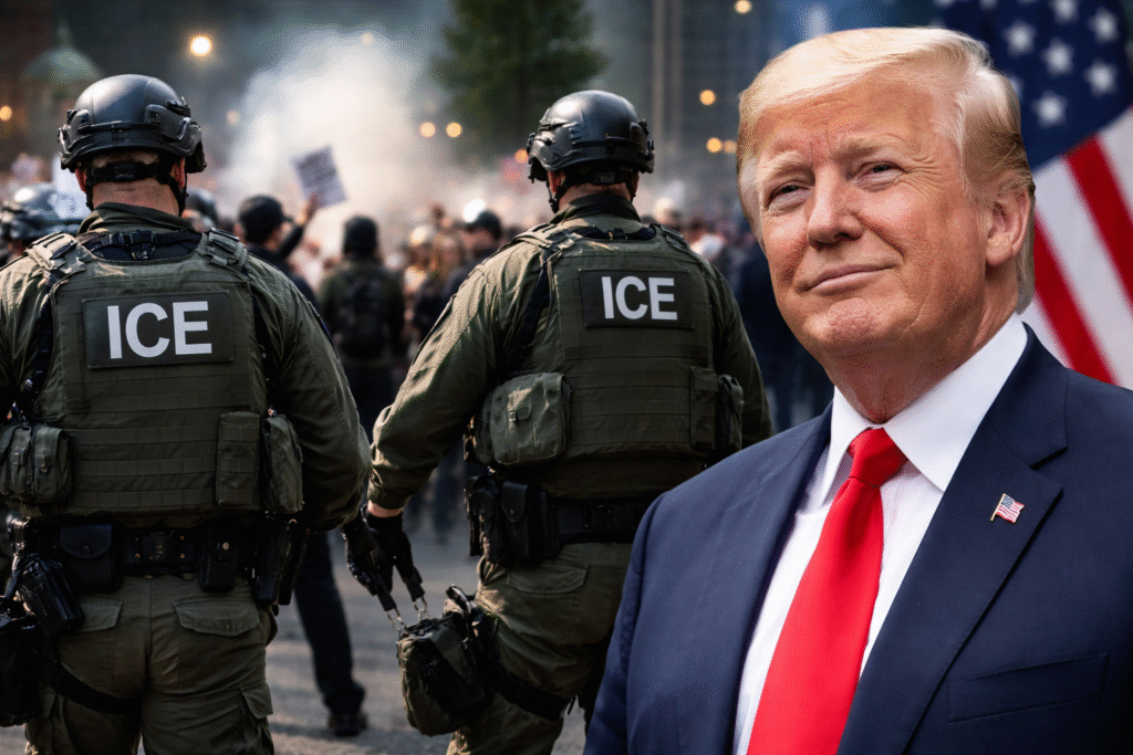 U.S. Immigration and Customs Enforcement agents stand facing protesters during a street demonstration while President Donald Trump appears in the foreground with an American flag visible in the background.