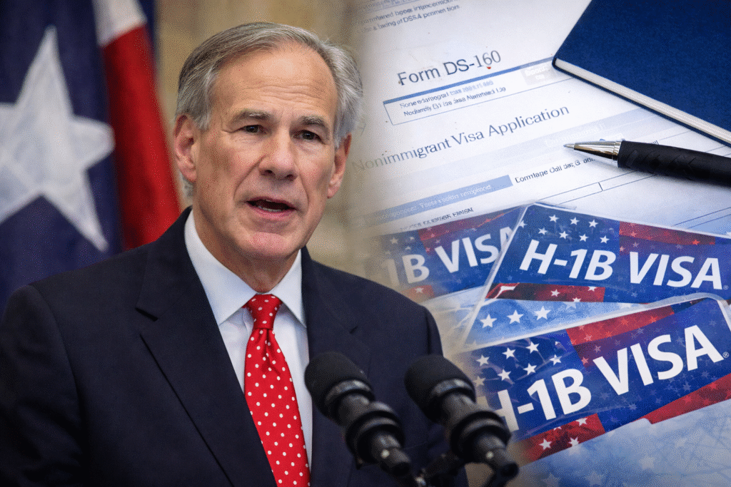 Texas Gov. Greg Abbott speaks at a podium with microphones, with the Texas state flag and visual references to H-1B visa documents in the background, reflecting the state’s order to halt H-1B visa reviews.