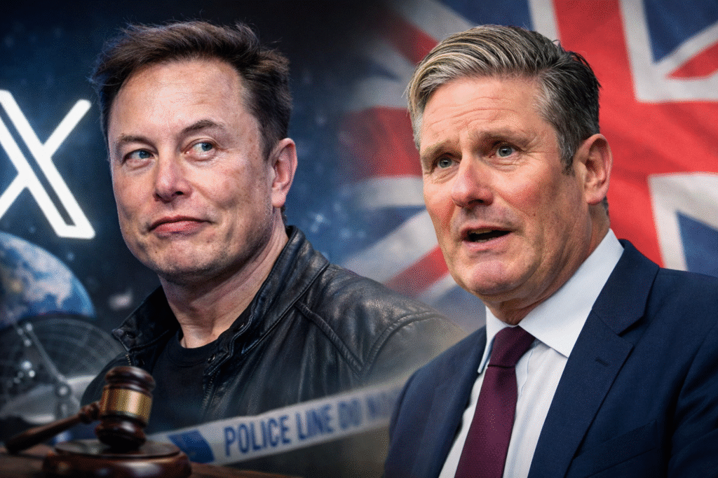 Composite image showing Elon Musk on the left against a dark, space-themed background with the X logo, and UK Prime Minister Keir Starmer on the right in a suit before a blurred Union Jack, symbolizing a political and regulatory dispute over social media and AI.