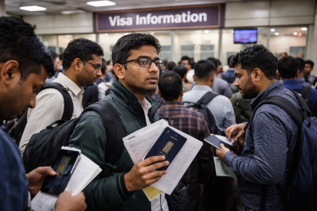 Indian visa applicants stand inside a crowded visa application center holding passports and documents while waiting near a visa information counter during the H-1B renewal process.