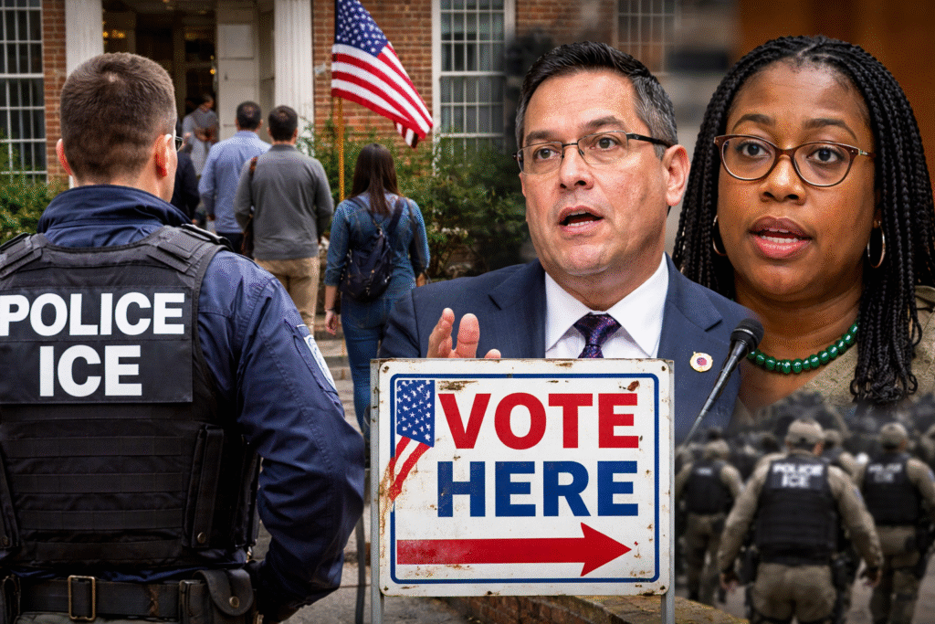 Photo illustration showing an ICE agent standing near a Virginia polling location as voters walk toward a government building, with a “Vote Here” sign and American and Virginia state flags visible, representing the debate over immigration enforcement near polling places.