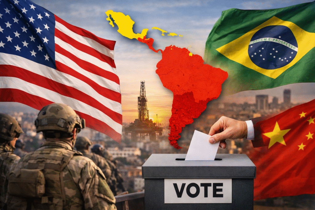 Composite image showing the U.S. and Brazilian flags, a red map of Latin America, a ballot being cast into a voting box, uniformed soldiers, an oil rig, and a faint Chinese flag in the background, symbolizing political change, security, and geopolitical influence in the Western Hemisphere.