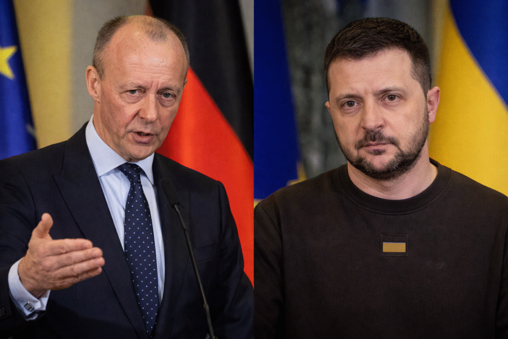 Split-image showing German Chancellor Friedrich Merz speaking at a podium with EU and German flags behind him alongside Ukrainian President Volodymyr Zelensky standing before a Ukrainian flag with a serious expression.
