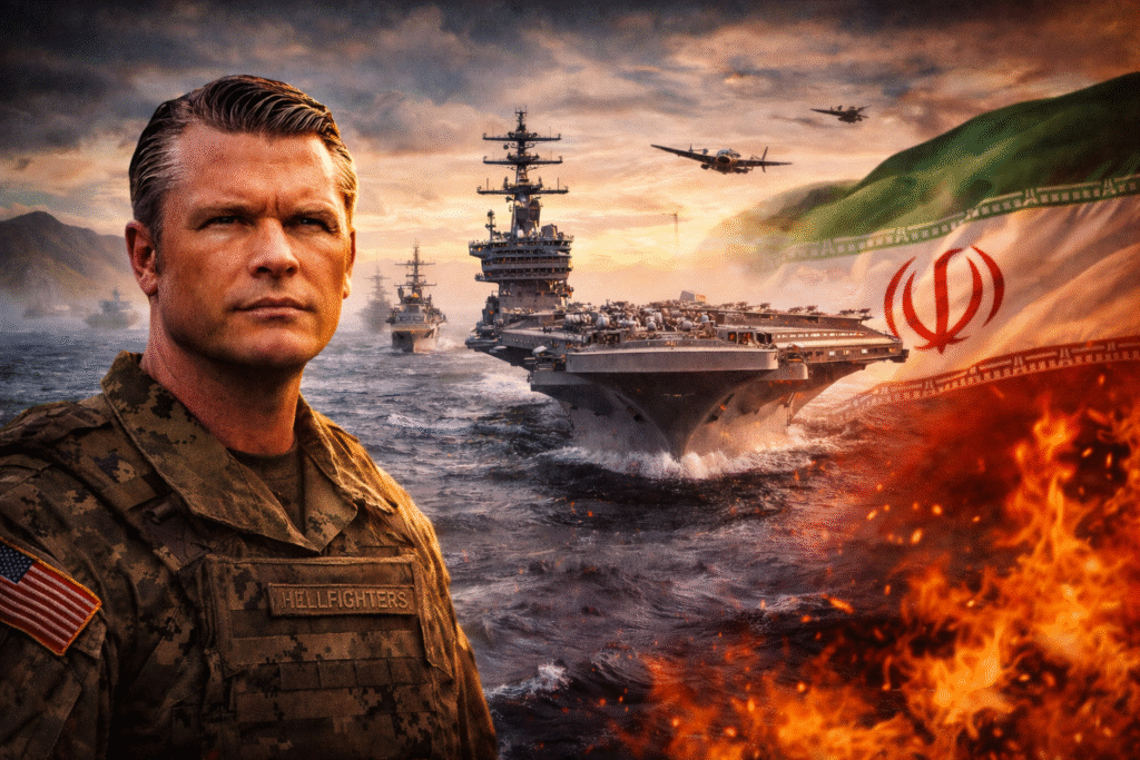 U.S. Secretary of War Pete Hegseth stands in military attire before a U.S. naval carrier group and aircraft at sea, with Iranian flag imagery and flames in the background symbolizing rising Middle East tensions.