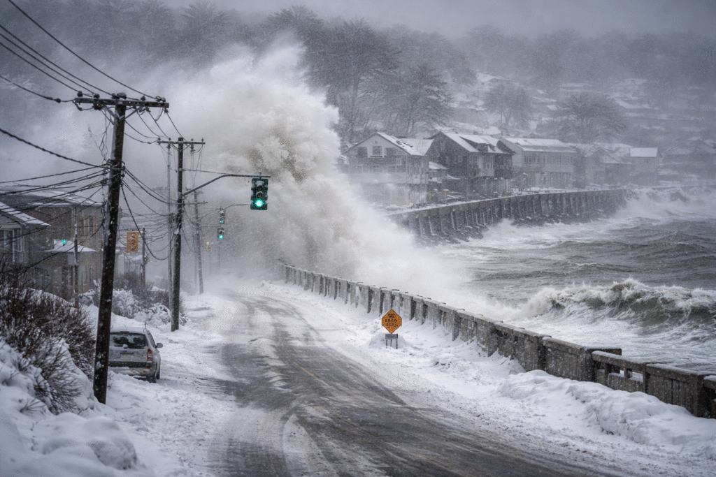A powerful winter storm batters an East Coast coastal town as waves crash over a seawall onto a snow-covered road, with strong winds, blowing snow, and utility poles lining the shoreline.