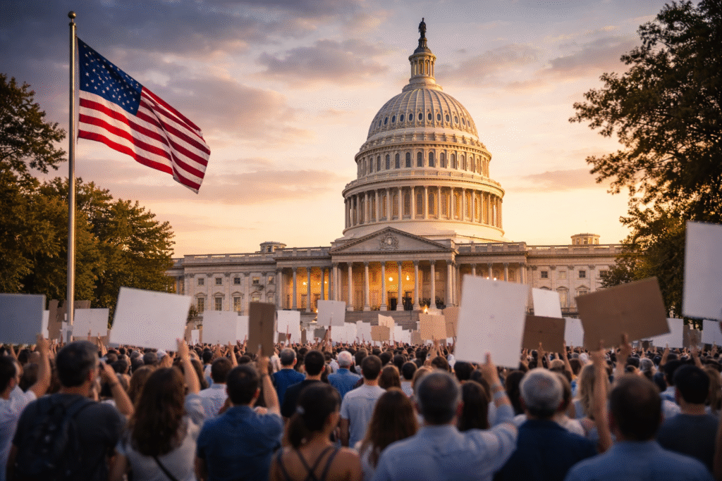 U.S. Capitol Building at dusk with American flag in foreground, symbolizing congressional debates over immigration and ICE funding.