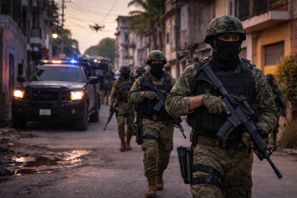 Mexican security forces in camouflage and tactical gear patrol a narrow urban street at dusk, with an armored vehicle and flashing lights behind them.