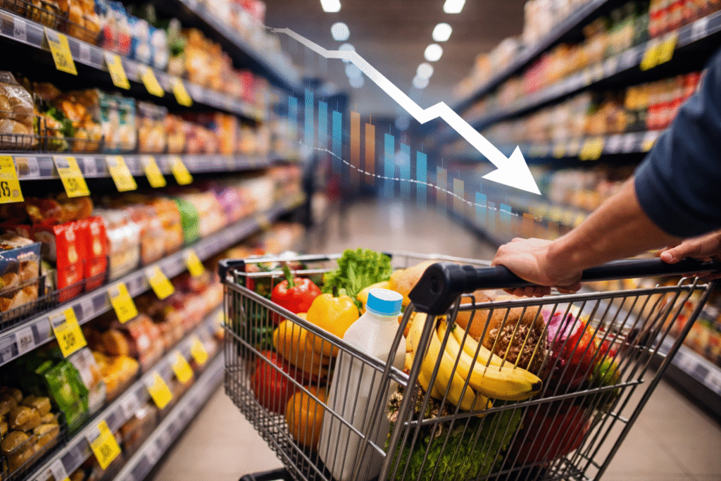 Shoppers pushing a cart through a supermarket aisle with visible price tags, symbolizing falling consumer prices and easing inflation.