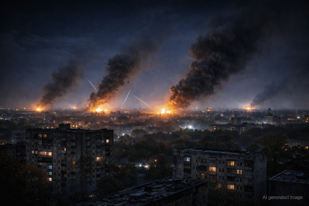 Nighttime skyline over a Ukrainian city with smoke rising and distant explosions visible during ongoing military strikes
