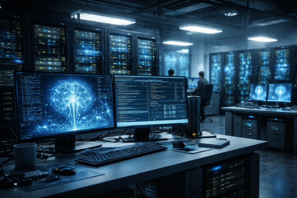 Photorealistic interior of a modern AI research lab with servers and computing equipment, symbolizing artificial intelligence safety research.