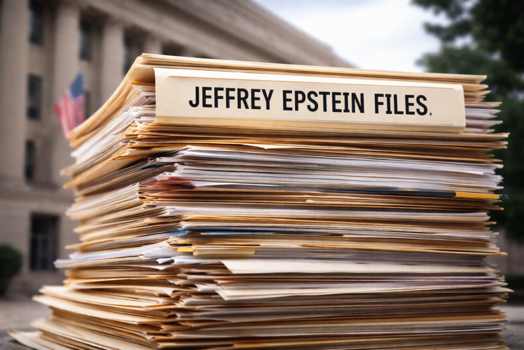 A realistic photo-style image of a large stack of legal documents labeled “Jeffrey Epstein Files” with a blurred U.S. government building in the background.