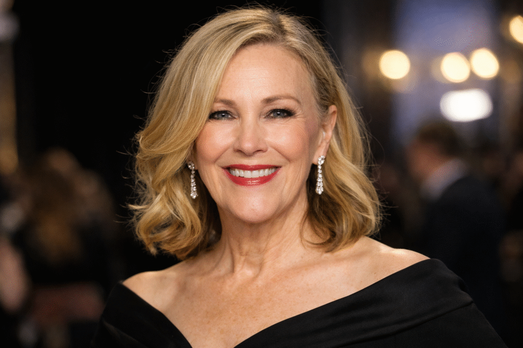 Portrait of Catherine O’Hara at a public event, showing her smiling in formal attire under professional lighting.