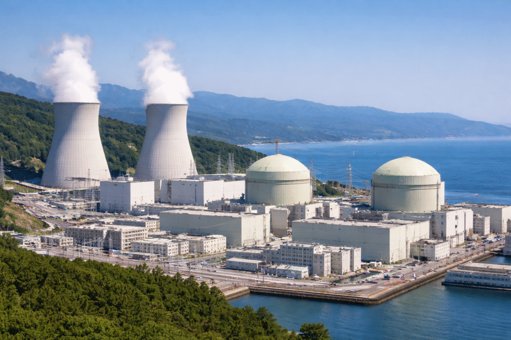 Exterior view of the Kashiwazaki-Kariwa Nuclear Power Plant in Niigata Prefecture, Japan, showing reactor buildings and cooling towers under clear daylight.