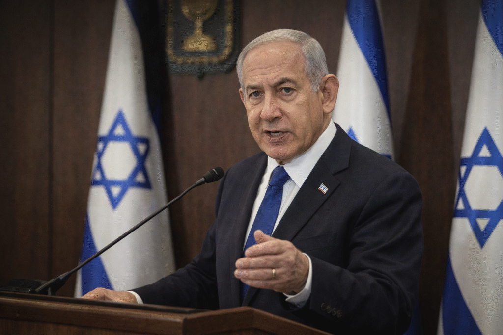 Israeli Prime Minister Benjamin Netanyahu speaking at a podium during a cabinet meeting, with Israeli flags displayed behind him.