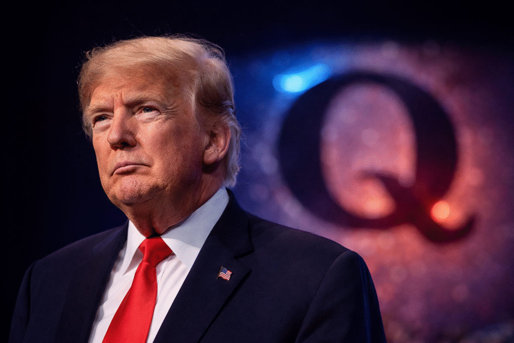 Donald Trump wearing a navy suit and red tie stands in profile with a serious expression, with a blurred Q symbol visible in the background.