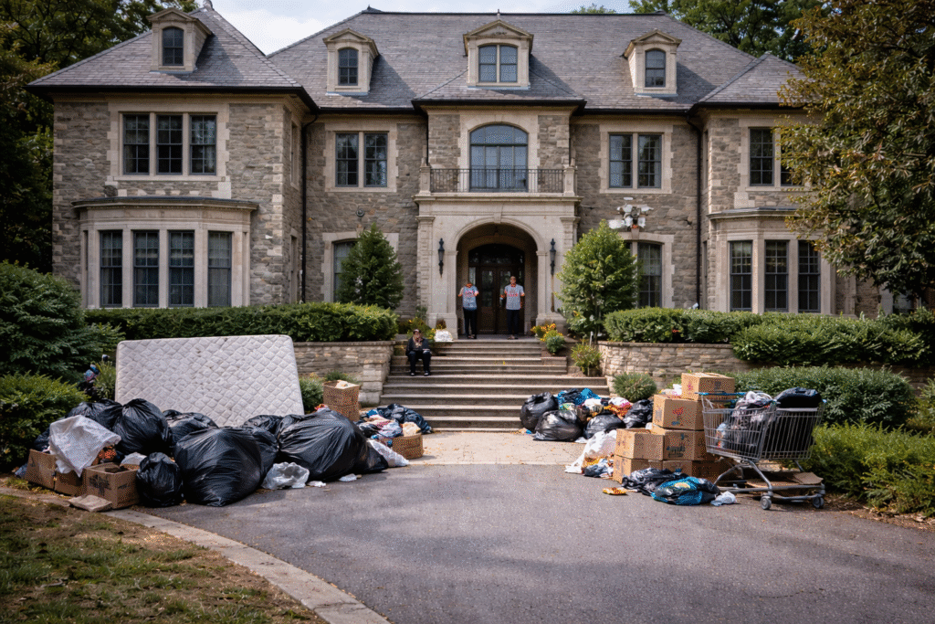 Exterior of a large stone mansion with personal belongings, trash bags, mattresses, and boxes piled outside the entrance, suggesting illegal squatting and unauthorized occupancy of the property.