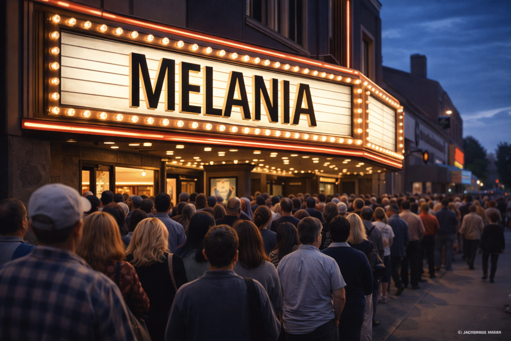 Photo-style image of a bustling movie theater exterior at dusk with a bright “Melania” movie marquee and crowds of people waiting in line to enter.