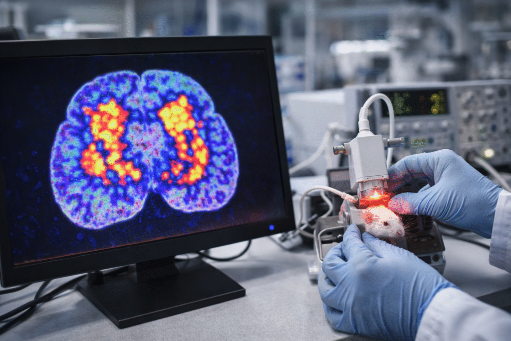 Laboratory scene with a close-up of a computer screen showing a brain scan highlighting amyloid plaques and a gloved researcher adjusting a 40 Hz stimulation device.
