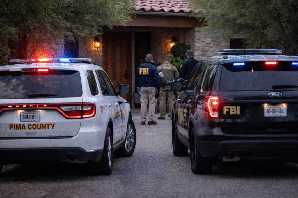 FBI and Pima County Sheriff vehicles parked near a Tucson, Arizona residence as investigators work in the Nancy Guthrie disappearance case.