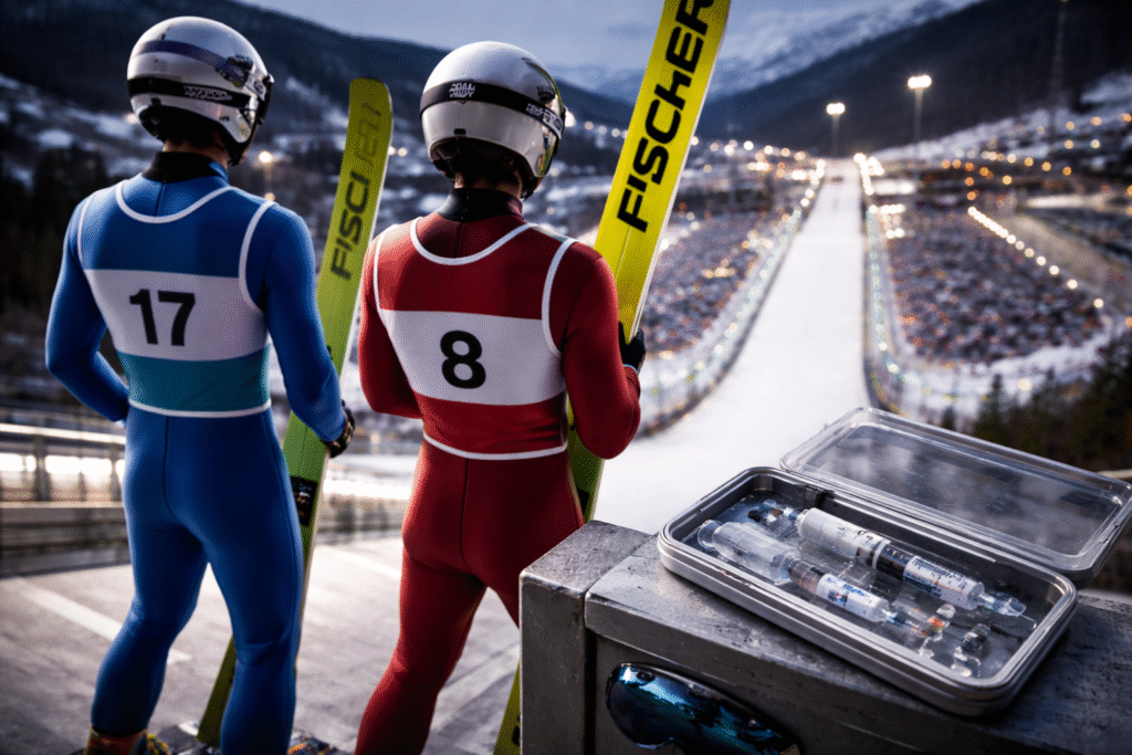 Two Olympic ski jumpers standing at the top of a snow-covered ski jump at dusk, overlooking a lit competition venue, with skis in hand and a small medical kit resting nearby.