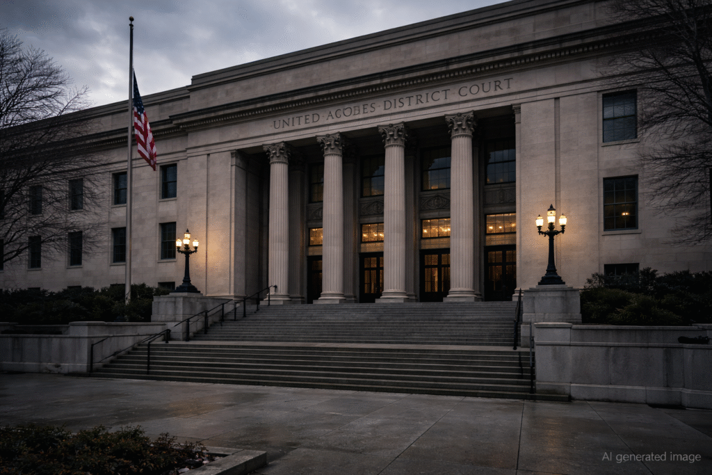 Exterior of U.S. federal courthouse in Washington, D.C. with grand columns and steps under grey sky