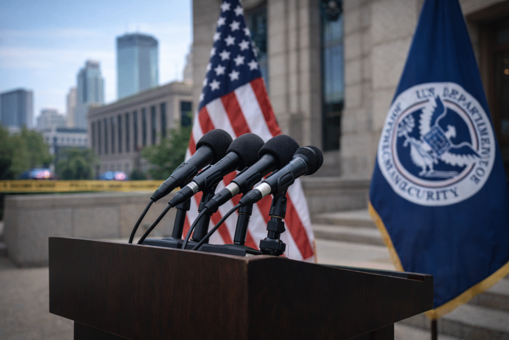 A press conference podium with multiple empty microphones outside a federal building, U.S. and Homeland Security flags in view, representing the announcement of federal immigration agents being pulled from Minnesota.