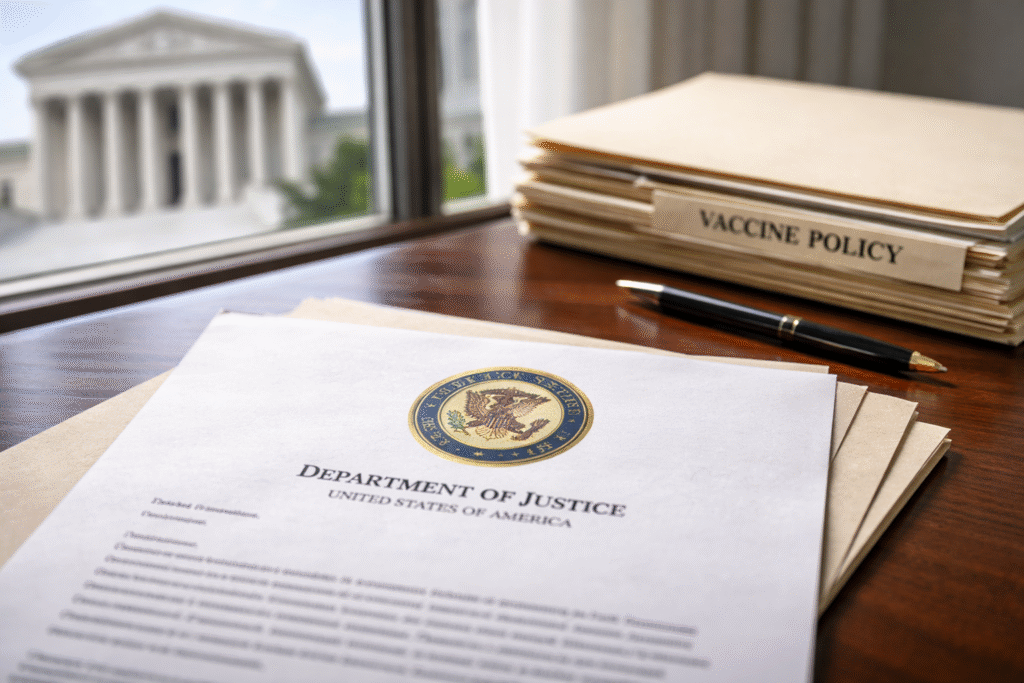 A Department of Justice letter on a desk beside stacked policy folders, with the Supreme Court building visible through a window in the background.