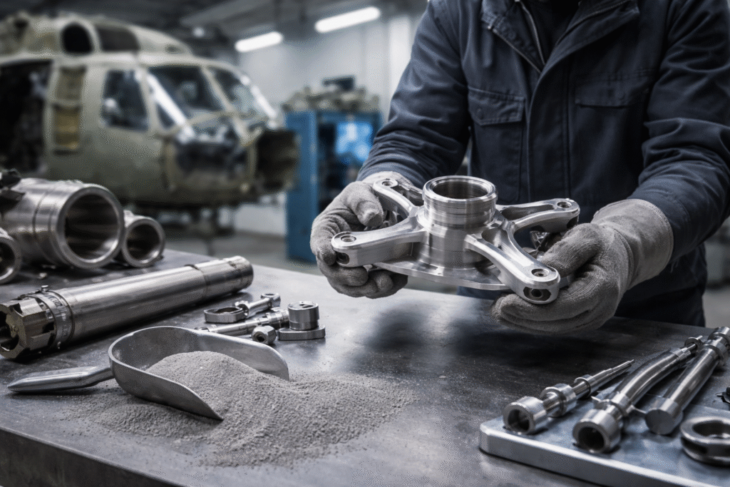 Technician handling 3D-printed titanium helicopter part made from recycled aircraft material on workshop bench.