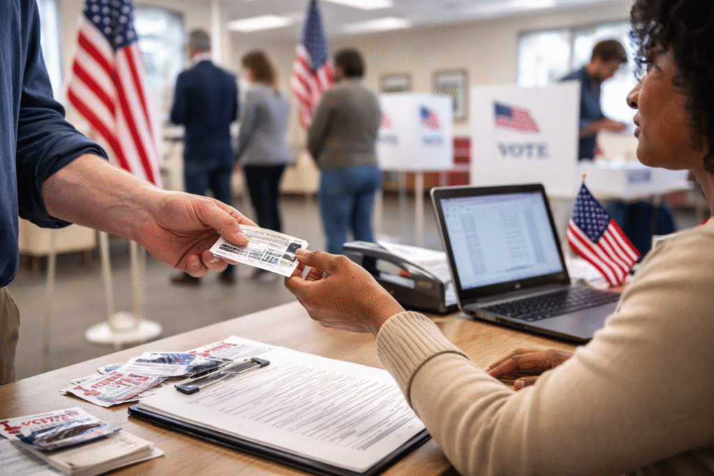 Photograph of a U.S. polling station entrance with a voter showing ID at a check-in table, symbolizing debates over voter identification and presidential executive authority.