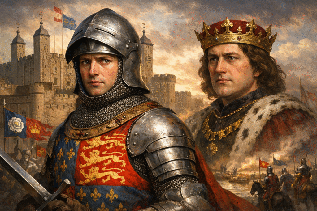 A medieval scene depicting armored English nobles before the Tower of London, with one figure in full plate armor holding a sword and another wearing a crown and fur-lined robe, set against banners and troops associated with the Wars of the Roses.