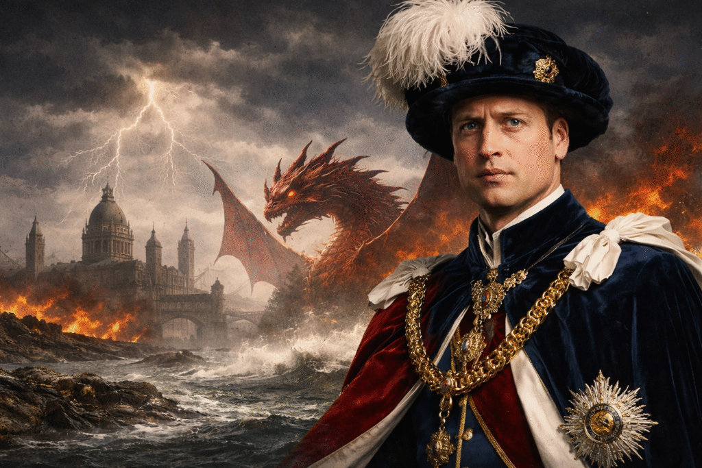 A stylized illustration showing Prince William in formal royal attire standing before a stormy coastal scene with London landmarks in the background and a symbolic dragon emerging from turbulent seas under dark, dramatic skies.