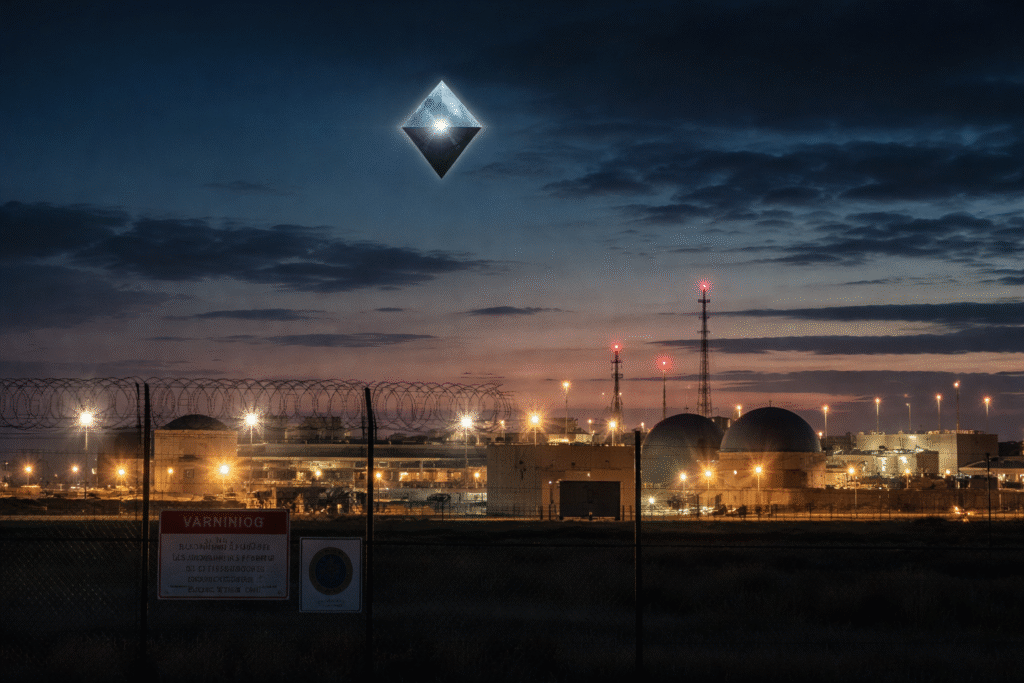 Glowing diamond-shaped aerial object hovering above a secured nuclear facility at dusk, with perimeter fencing and illuminated industrial structures below.