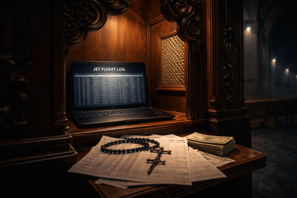 Wooden confessional booth interior with a laptop displaying a flight log on screen, documents spread on a desk, a rosary resting on papers, and a stack of cash under warm, low lighting.