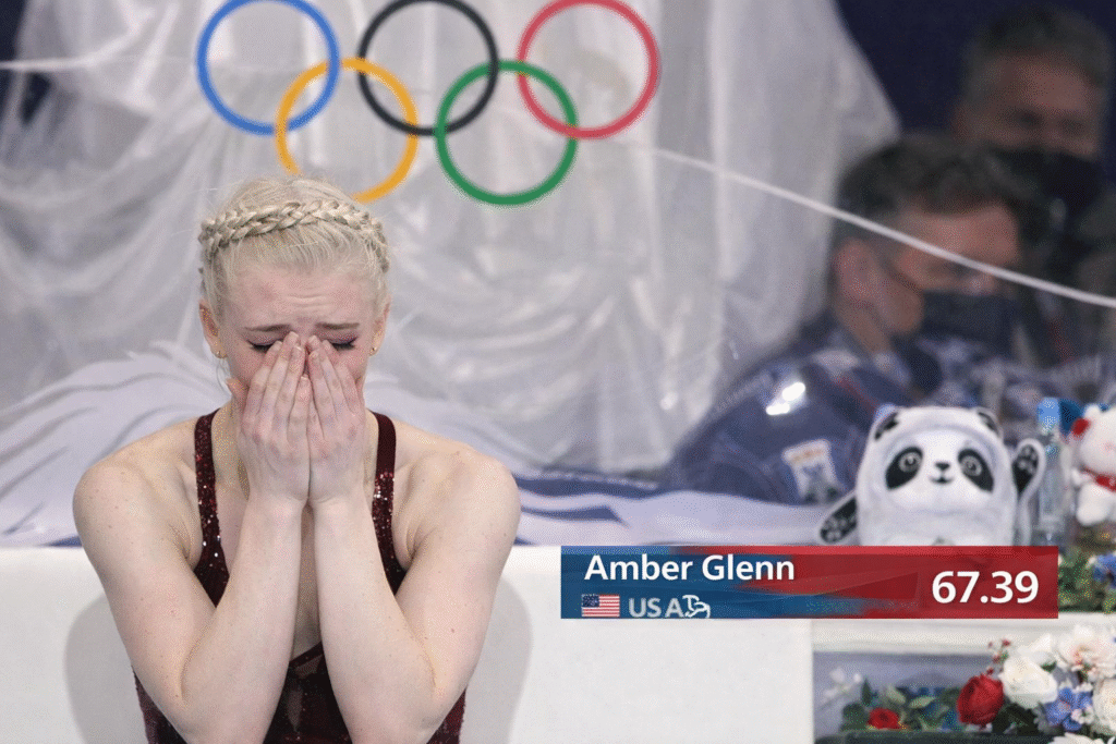 Figure skater in a burgundy competition dress sits in the kiss-and-cry area with hands covering her face in emotion, Olympic rings visible in the background.
