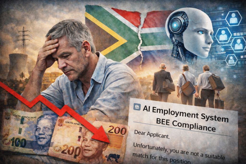 Older white South African man sitting with head in hand in front of a torn South African flag, while three white men with travel bags walk away in the background; rand banknotes and a downward red arrow symbolize economic decline alongside an AI job rejection notice.