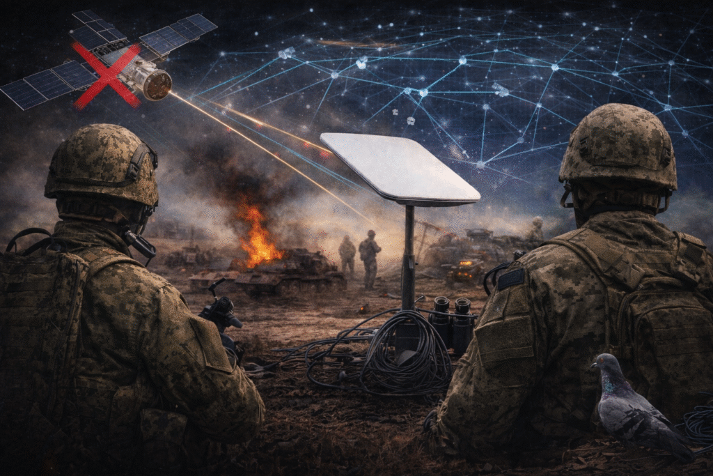 Two soldiers in camouflage stand beside a Starlink satellite dish on a smoky battlefield at dusk, with burning armored vehicles in the background and a satellite above marked with a red X indicating service disruption.