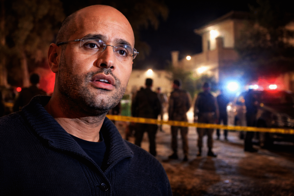 Seif al-Islam Gadhafi wearing glasses and a dark sweater, standing outdoors at night with blurred security personnel, police tape, and flashing emergency lights visible in the background.