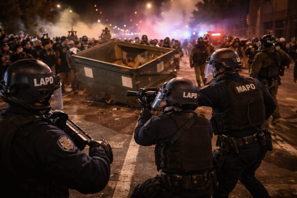 LAPD officers in riot gear confront protesters at night in downtown Los Angeles, with a large dumpster, smoke in the air, and flashing police lights visible during anti-ICE unrest.