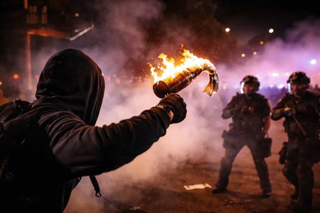 A flaming Molotov cocktail flying through smoke-filled air at night as riot police stand in formation in the background during unrest near an anti-ICE protest in Los Angeles.