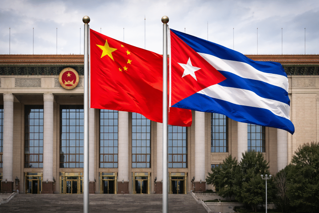 Chinese and Cuban national flags displayed in front of a government building in Beijing during a diplomatic meeting reaffirming China’s backing of Cuba’s sovereignty.