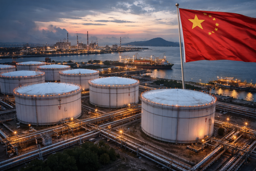 Large oil storage tanks at a strategic reserve facility reflecting China’s expanded crude stockpiling amid global energy and geopolitical debates.