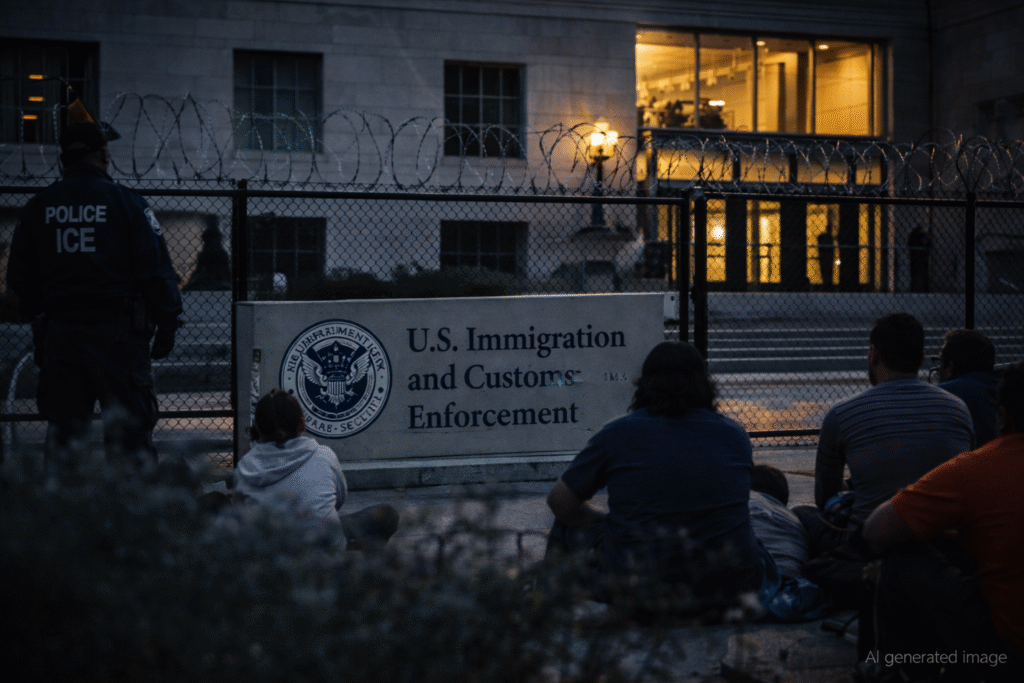 Exterior of a U.S. immigration facility at dusk with chain-link fencing topped by razor wire, several people seated on the ground outside, and an officer standing nearby under warm building lights.