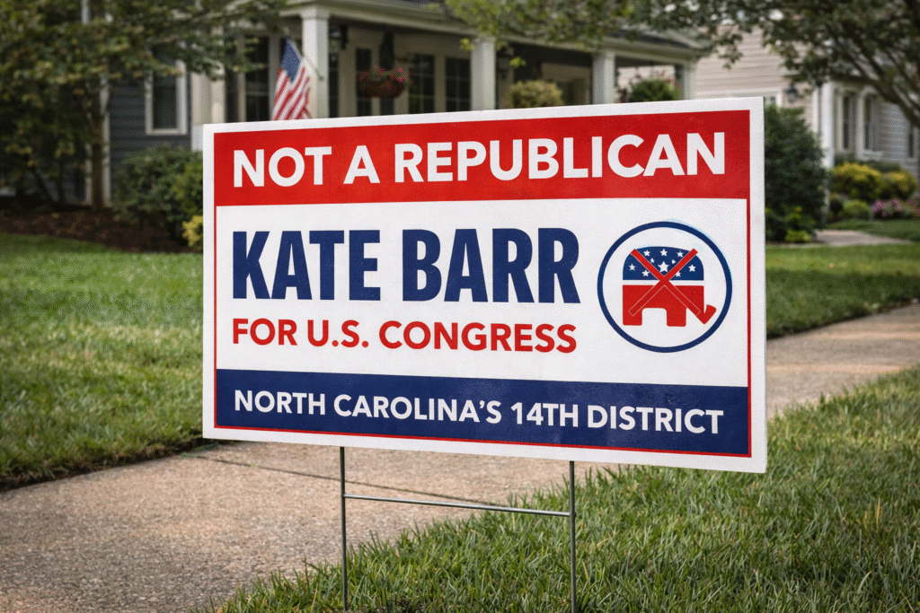 Photograph of a North Carolina congressional campaign yard sign with a Republican elephant logo, positioned outside a suburban residence, symbolizing a GOP primary race where a candidate publicly states she is not a Republican.