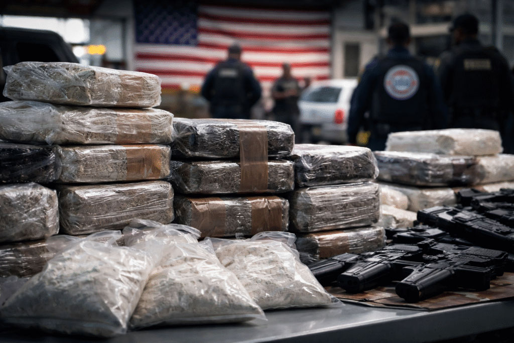 Stacks of plastic-wrapped seized packages and confiscated firearms displayed on a table inside a border enforcement facility, with agents blurred in the background.